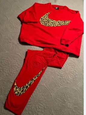 Nike Red Sweatshirt and Leggings Set with Leopard Swoosh